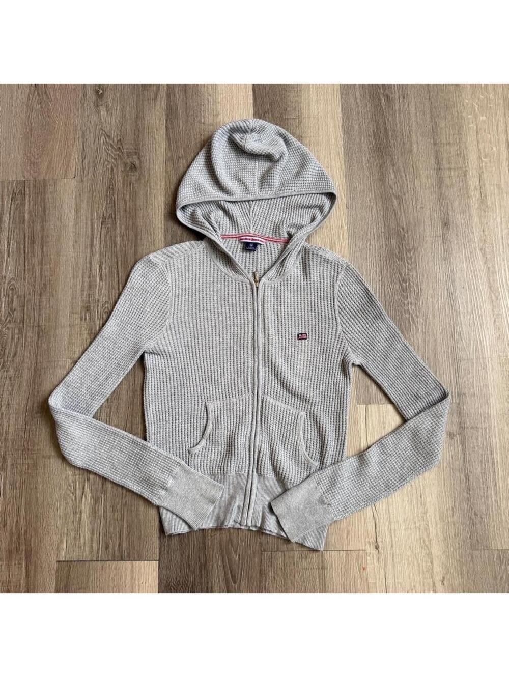 Y2K Ralph Lauren Polo Jeans Gray Waffle Knit Zip Up Sweater sz M